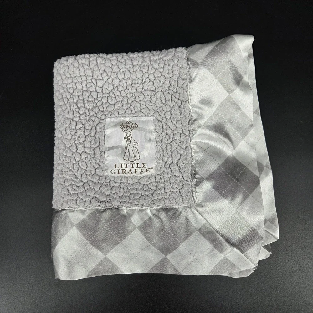 Little Giraffe Chenille Baby Lovey Blanket Grey White Plaid Satin Trim Luxe